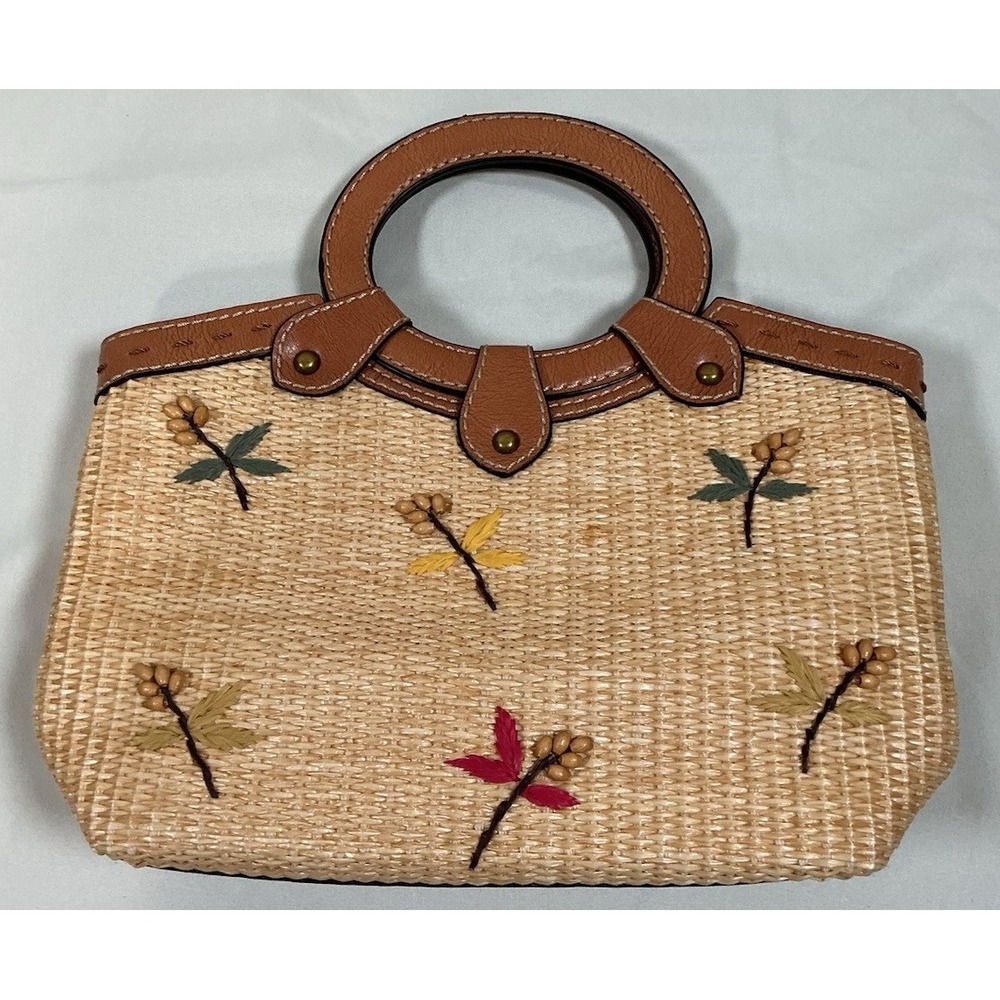 Fossil Natural Straw with Embroidered  Flowers handbag